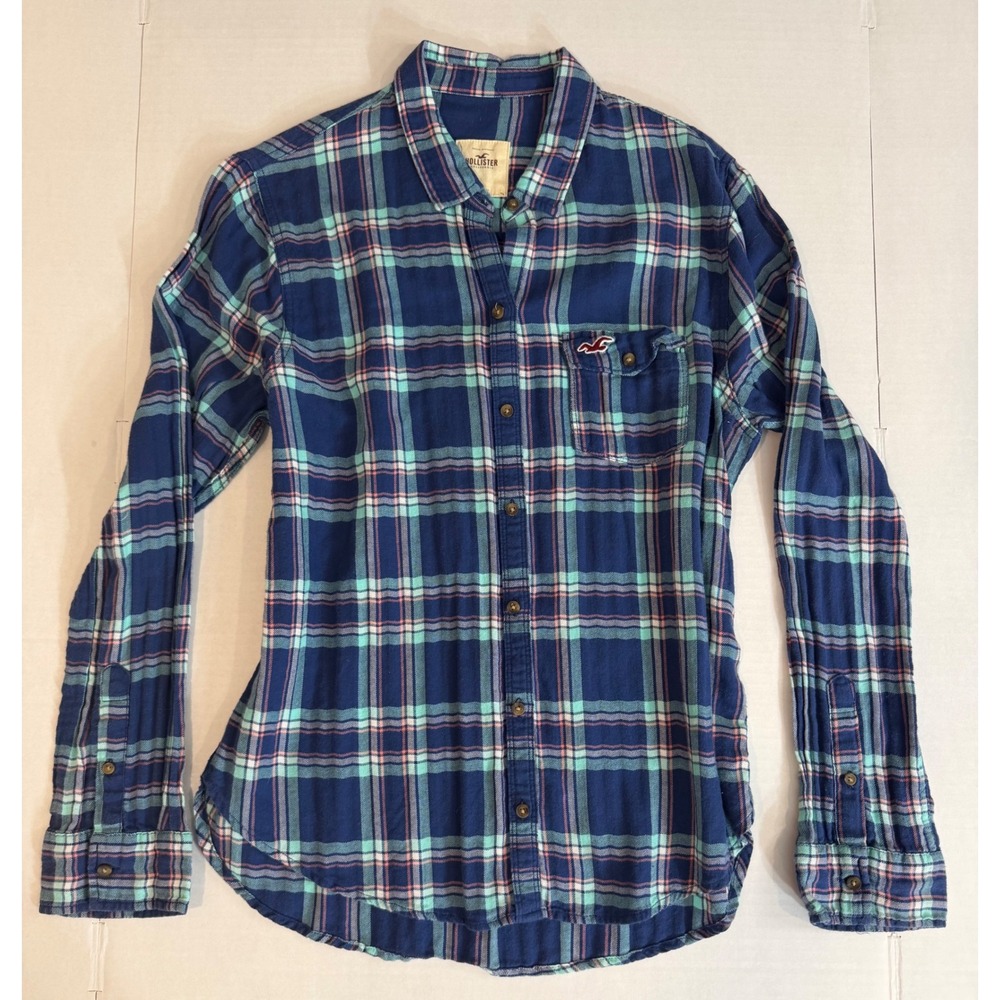 Hollister Plaid Flannel Button Up Shirt Blue Teal Pink Women's Large